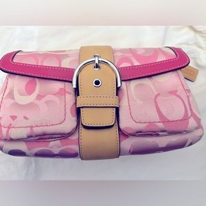 Coach Hamptons Signature Pink Flap Leather Buckle Hobo Crossbody